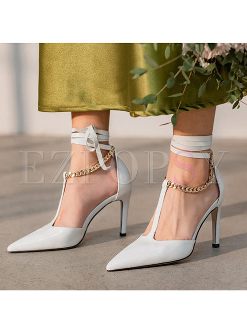Pointed Toe Ankle Strap Chain Embellished Heels