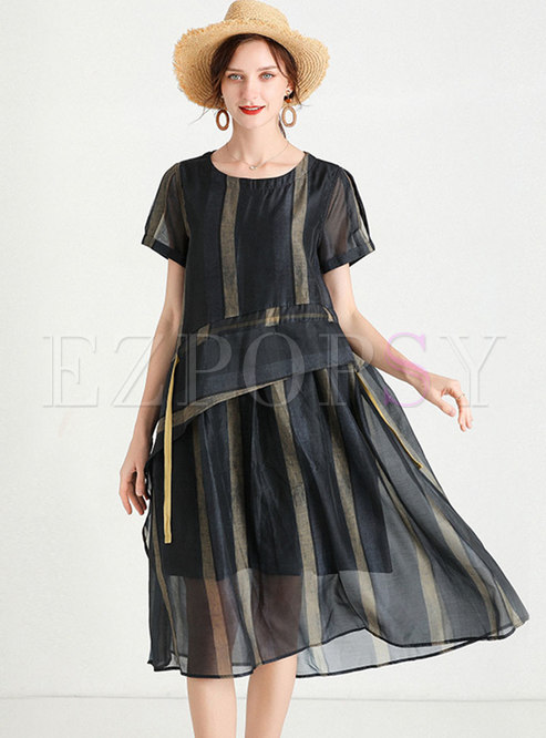 Striped Asymmetric Plus Size Shift Dress