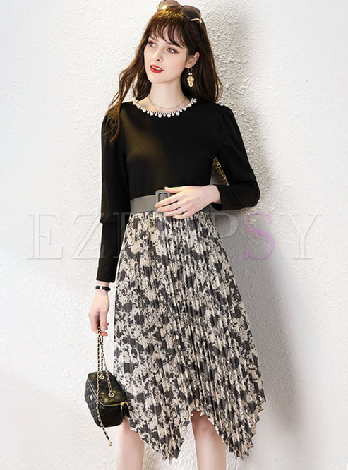 Black Beaded Print Belted Patchwork Pleated Dress