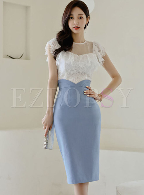 Color-blocked Lace Patchwork Bodycon Skirt Suits