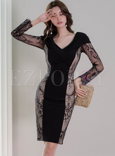 Black V-neck Lace Patchwork Bodycon Dress