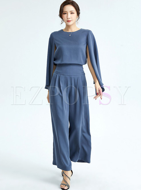Casual Split Sleeve High Waisted Wide Leg Pant Suits