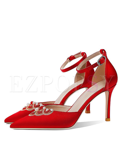 Red Pointed Toe Satin Pearl Wedding Heels