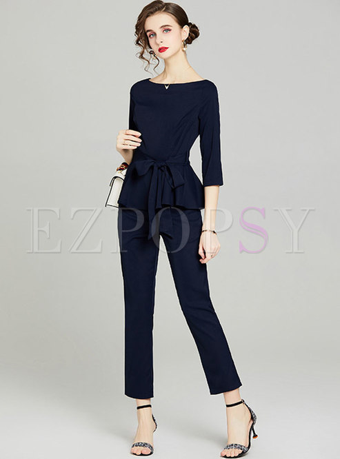 Casual 3/4 Sleeve Ruffle High Waisted Pant Suits