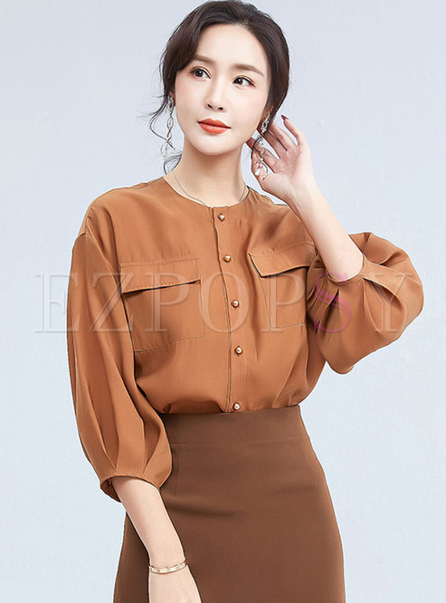 Crew Neck 3/4 Sleeve Single-breasted Blouse
