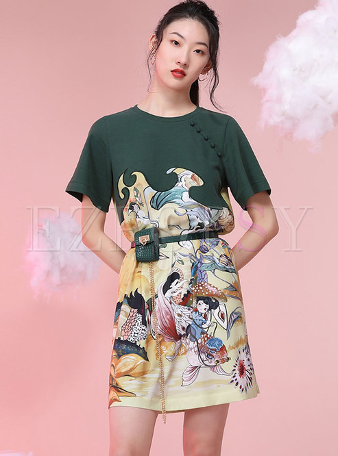 Casual Color-blocked Print Shift T-shirt Dress