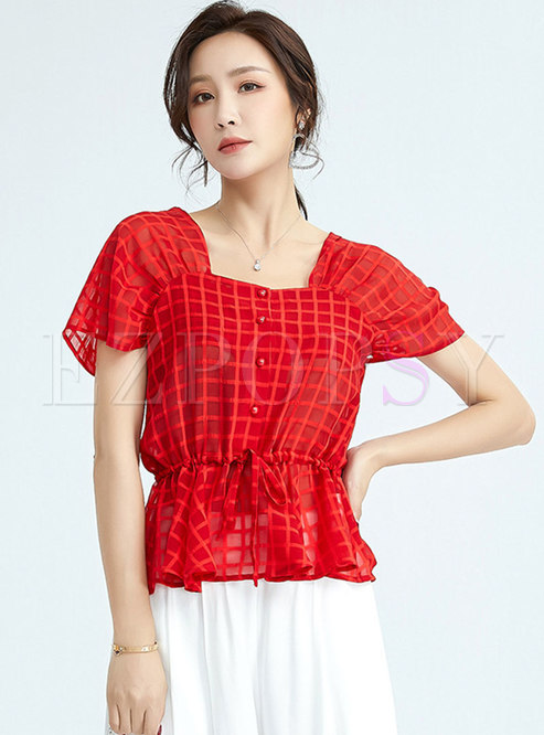 Plaid Ruched Chiffon Pullover Blouse