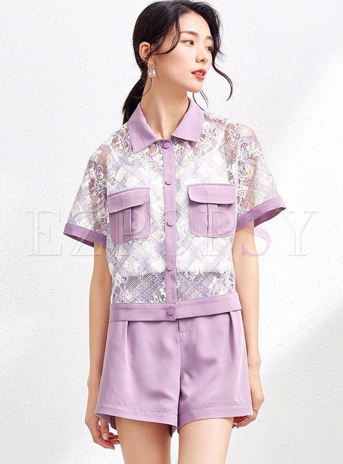Purple Lace Openwork High Waist Hot Pant Suits