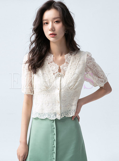 Sweet Puff Sleeve V-neck Lace Crop Blouse