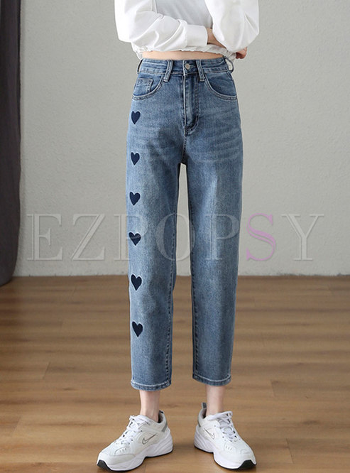 Blue High Waisted Print Plus Size Straight Jeans