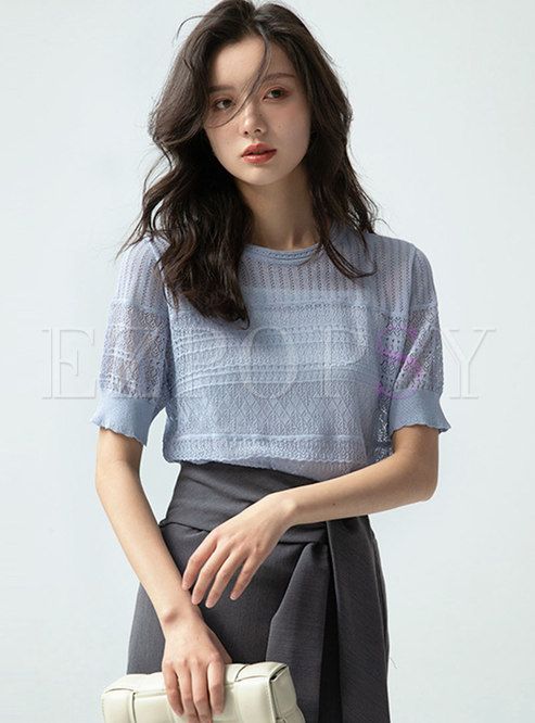 Short Sleeve Lace Openwork Short Knit Top