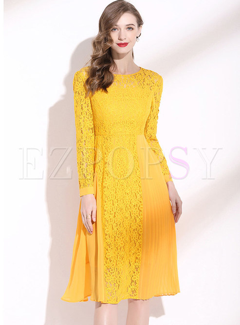 Yellow Long Sleeve Lace Pleated A Line Dress