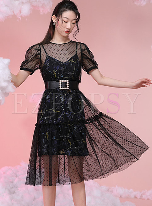 Black Polka Dot Mesh Print A Line Mini Dress