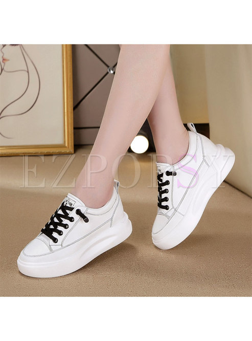 White Rounded Toe Lace-up Platform Sneakers