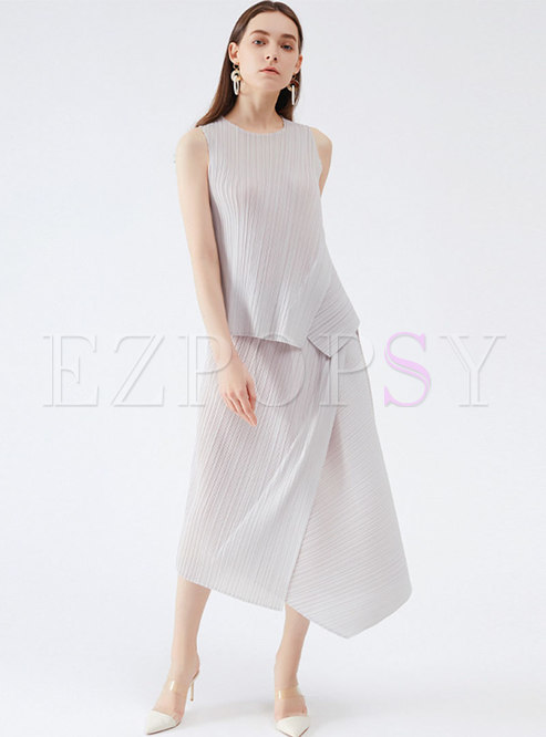 Plus Size Casual Sleeveless Pleated Maxi Skirt Suits