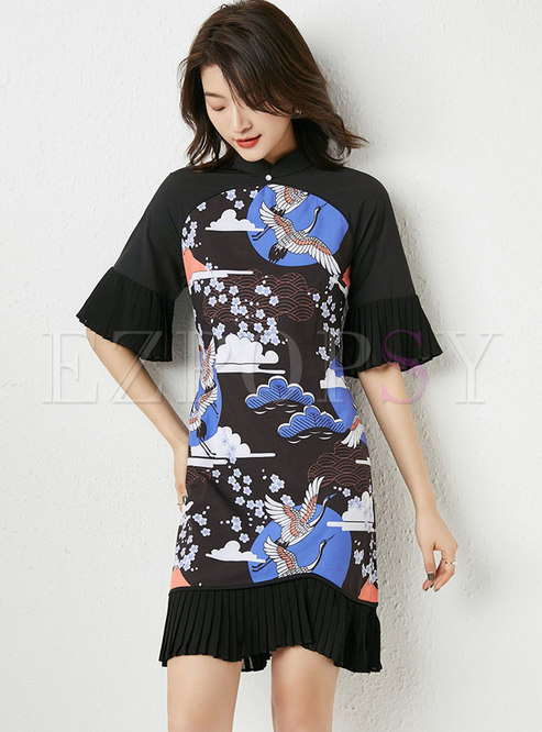 Black Flare Sleeve Print Improved Cheongsam Dress