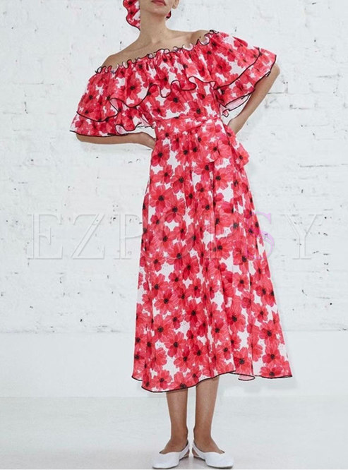 Boho Off-the-shoulder Big Hem Print Maxi Dress