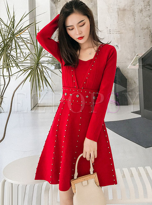 Red Square Neck A Line Knitted Dress