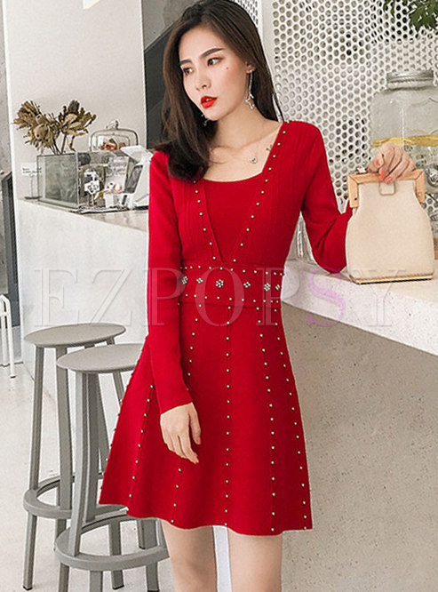 Dresses | Knitted Dresses | Red Square Neck A Line Knitted Dress