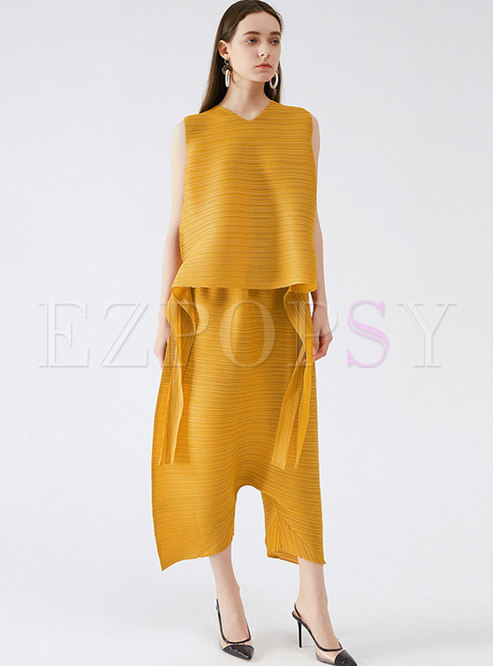 Solid Sleeveless Ruched Loose Top Harem Pant Suits