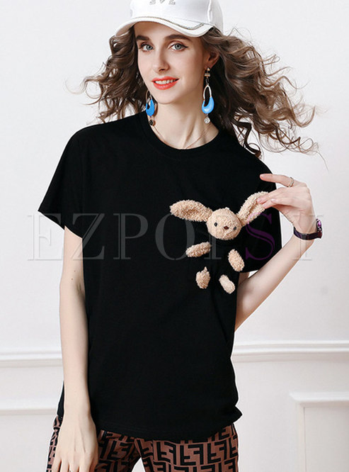 Cute Rabbit Pocket Crew Neck Pullover T-shirt