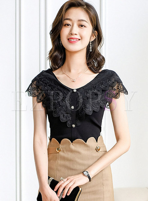 V-Neck Single-Breasted Lace Patchwork Knitted T-Shirt