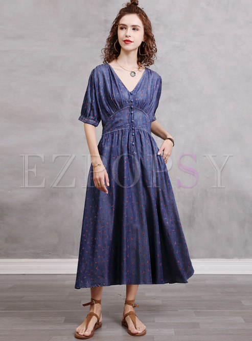 Print V-Neck Half Sleeve Cinched Waist Denim Dress