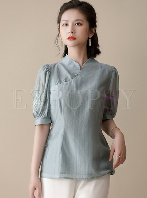 Retro Solid Puff Sleeve Cinched Waist Blouse
