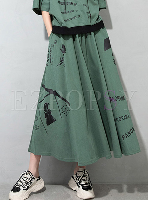 Chic Print Knitted Drawcord A-Line Skirt
