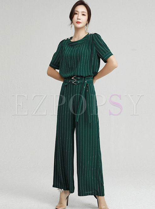 Office Striped Top Belted Wide Leg Pant Suits