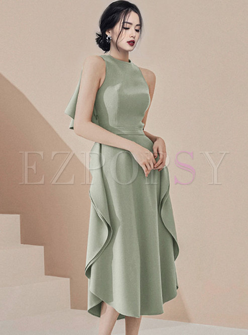 Light Green Sleeveless Cut Out Back Ruffle Irregular Dress