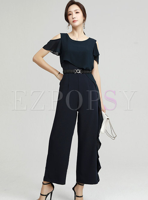 Solid Cold Shoulder Ruffle Belted Thin Jumpsuits