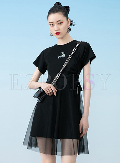 Black Crew Neck Embroidered Mesh Patchwork A Line Dress