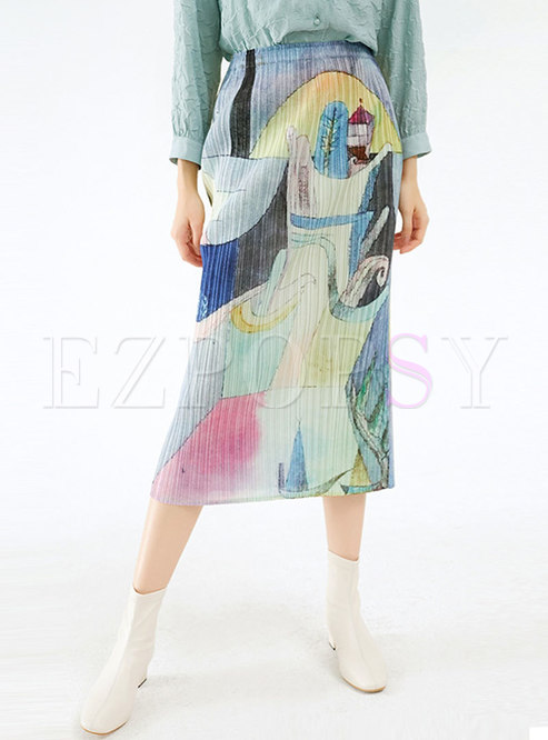 High Waisted Print Pleated Sheath Skirt