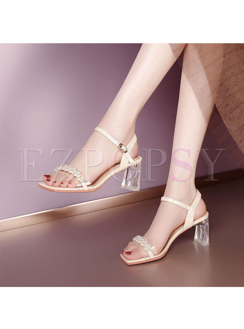 Pearl Embellished Transparent Block Heel Sandals