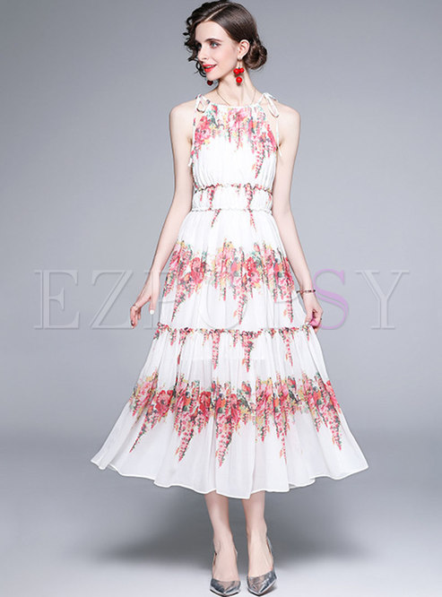 White Boho Halter Print Beach Maxi Dress