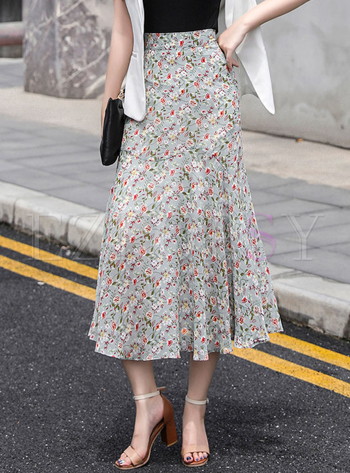 High Waisted Floral Chiffon Peplum Maxi Skirt