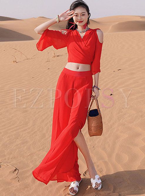 Red Cold Shoulder High Waisted Wide Leg Pant Suits