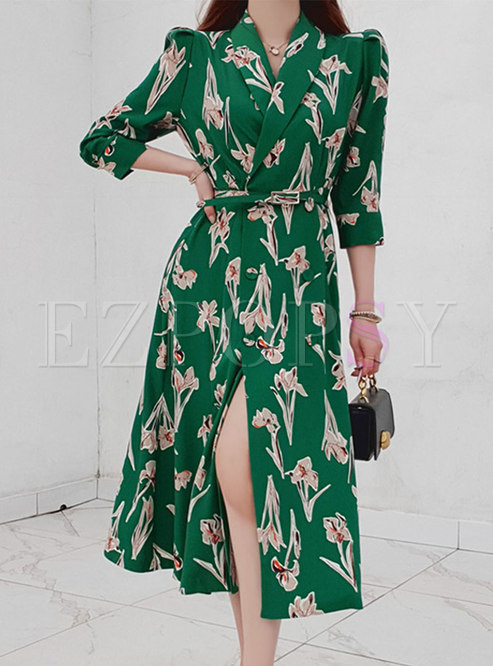Green Print Double-breasted A Line Midi Dress