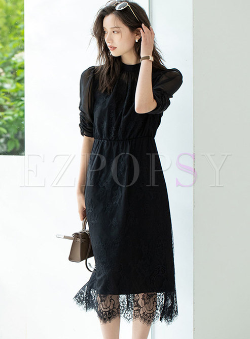 Black Puff Sleeve Lace Patchwork Midi Dress