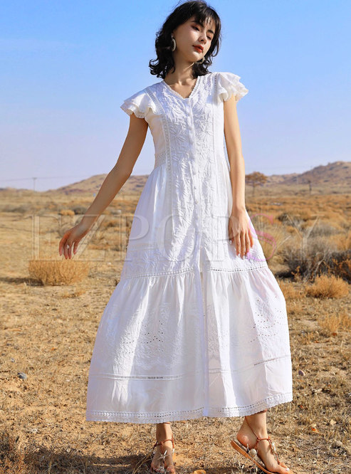 Boho White V-neck Openwork Split Maxi Dress
