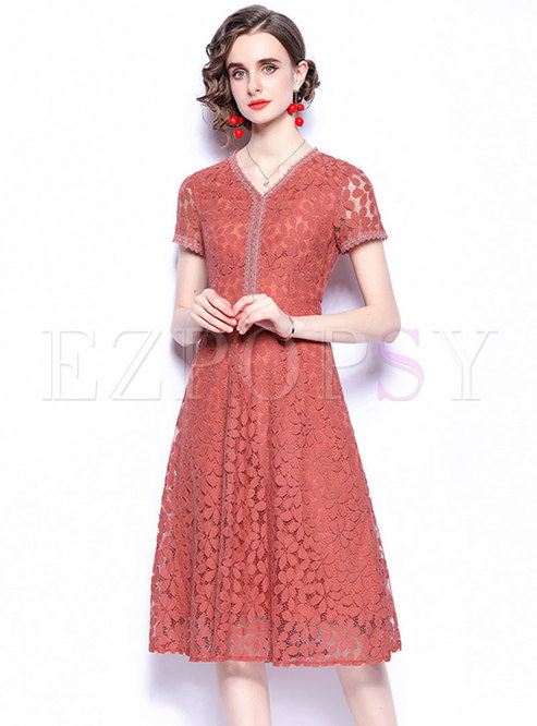 Brown V-neck Short Sleeve A Line Lace Dress