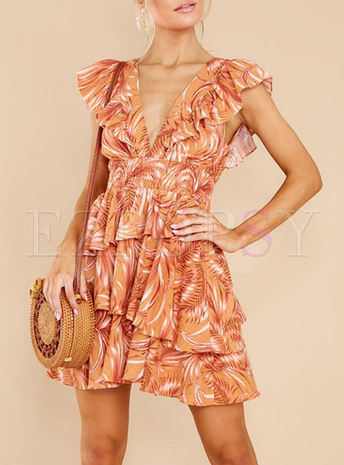 Orange Chiffon V-Neck Ruffle Mini Layer Dress
