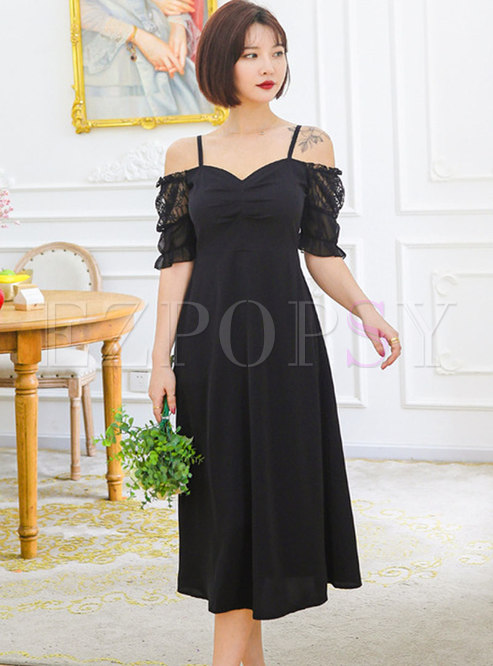 Black Plus Size Off-the-shoulder A Line Midi Dress