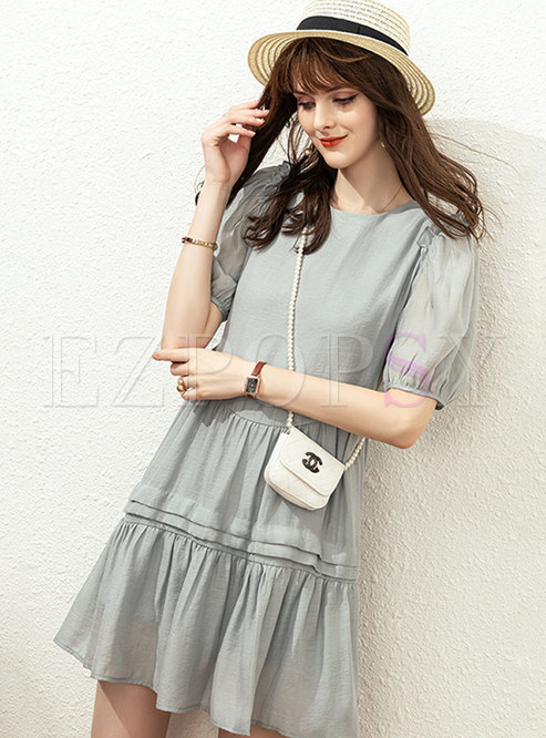 Crew Neck Puff Sleeve Solid A Line Dress