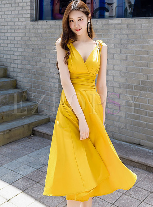 Yellow V-Neck Strappy Cinched Waist Skater Dress