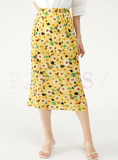 Summer Yellow Floral Sheath Pleated Skirt