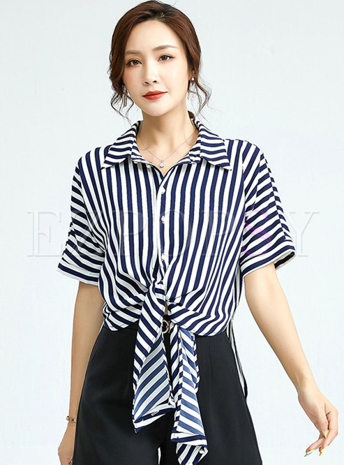 Turn-down Collar Striped Tie-front Shirt