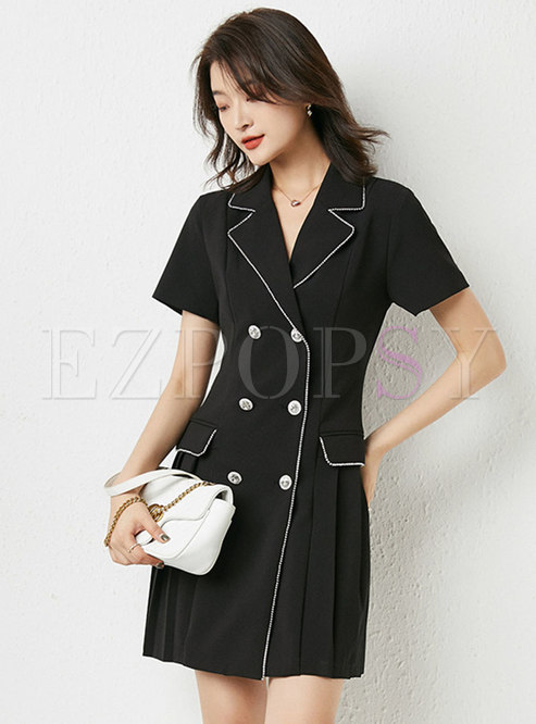 Lapel Double-breasted Pleated Contrast Piping Dress