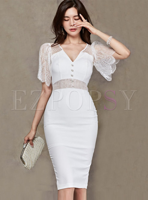 White Sexy Lace Patchwork Split Bodycon Dress